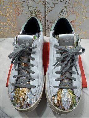 P448 White Leather Sneakers with Multicolor Sequin Toe and Silver Tongue (Italy)